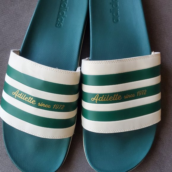 NEW Adidas Men Sandals Size 18 Adilette Green Cream Golden - Picture 2 of 5